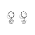 Small hoop earrings with hanging flowers made of zirconia stones