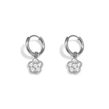 Small hoop earrings with hanging flowers made of zirconia stones