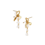Heart earrings with pearl pendant, white stones and feather