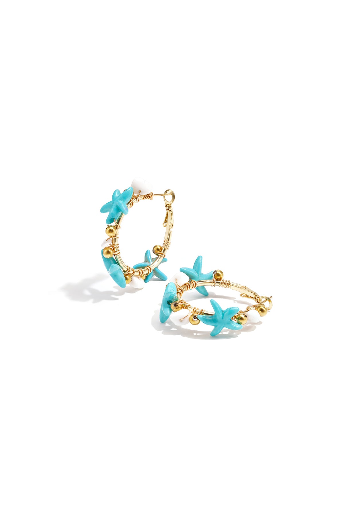 Hoop earrings with starfish and gold beads