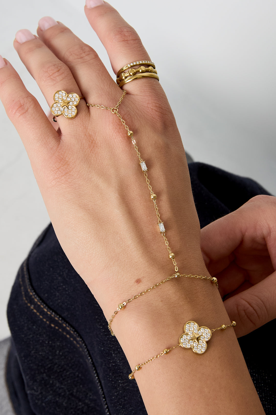 Hand chain with beads and rectangular stones