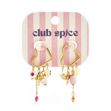 Heart-shaped hoop earrings with beaded pendants and charms