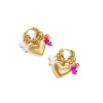 Small hoop earrings with dangling pearls, beads, and a heart
