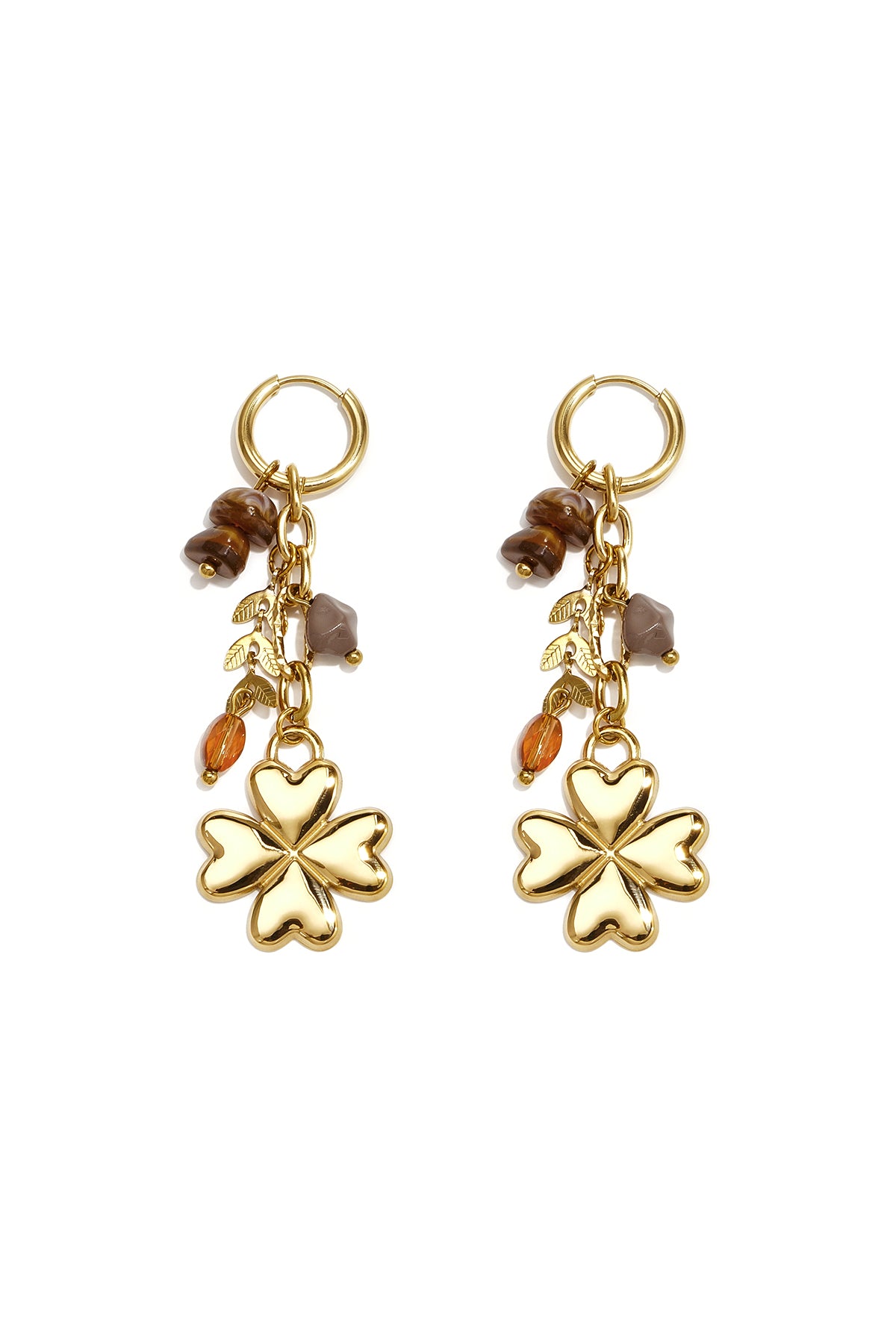 Small hoop earrings with hanging clover, beads and leaves