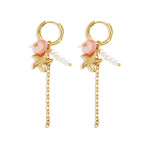 Small hoop earrings with starfish, chain, pearls and bead