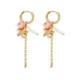 Small hoop earrings with starfish, chain, pearls and bead
