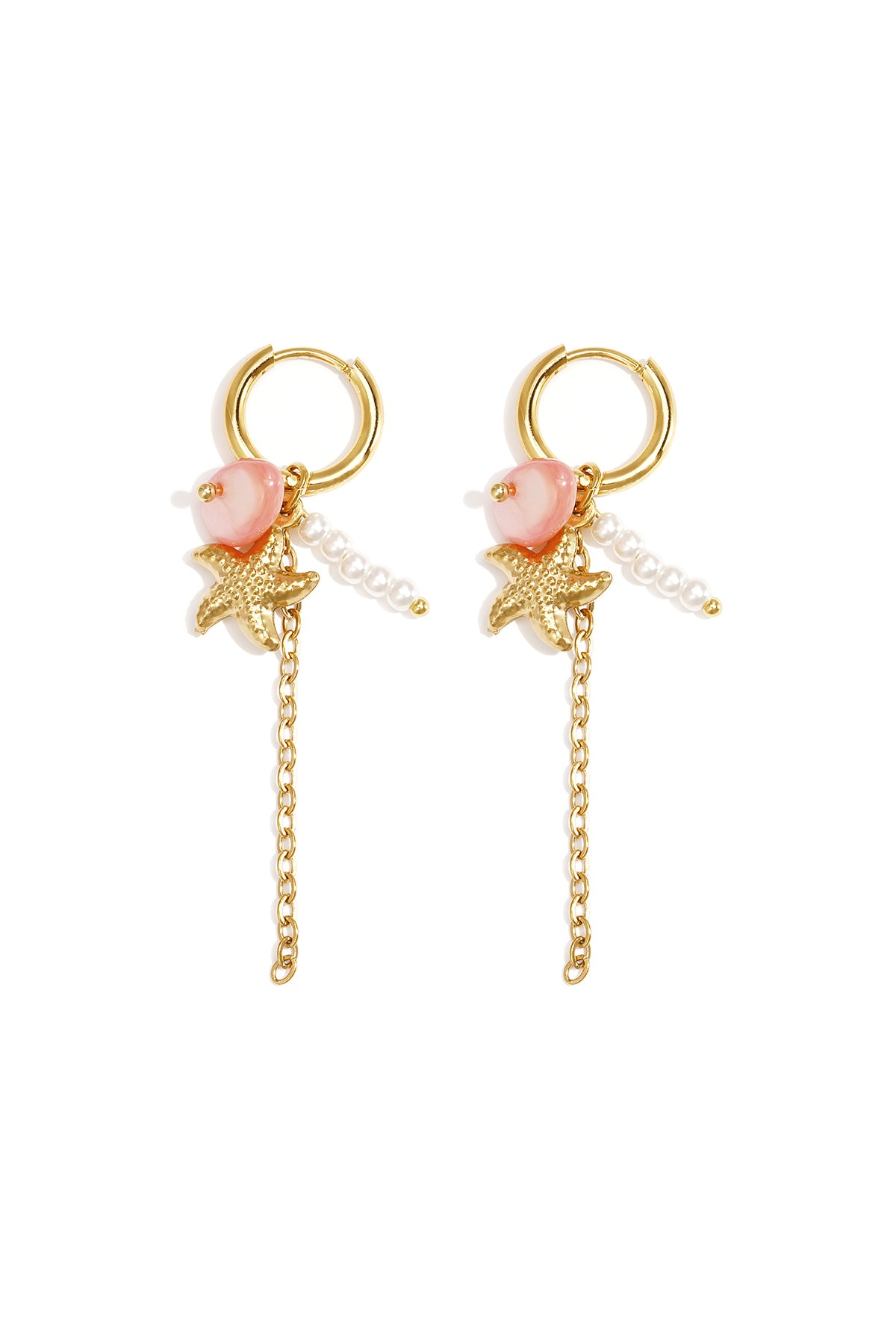 Small hoop earrings with starfish, chain, pearls and bead