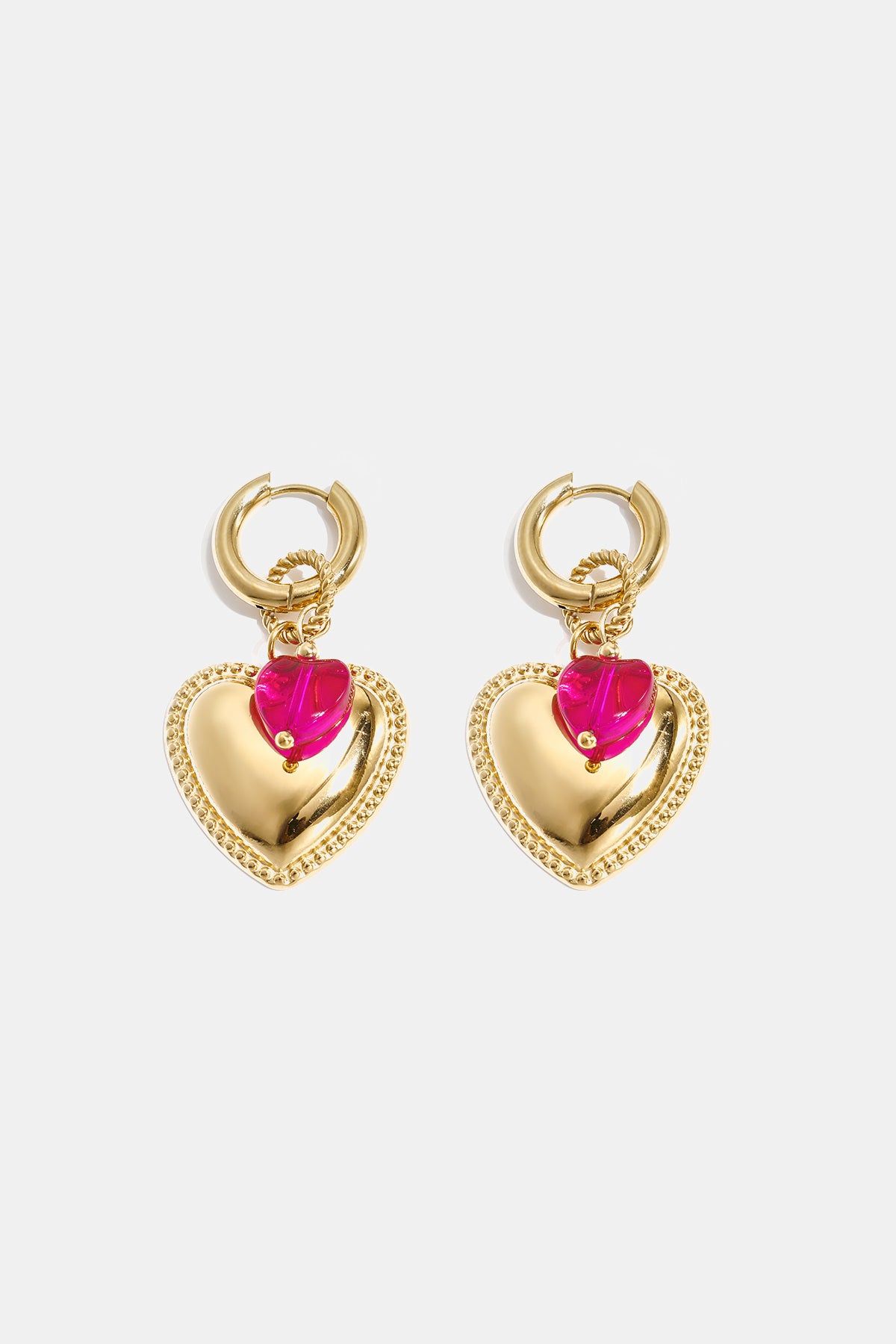 Hoop earrings with heart pendant and bead on ring