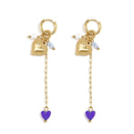 Small hoop earrings with long chain, heart and beads