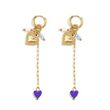 Small hoop earrings with long chain, heart and beads
