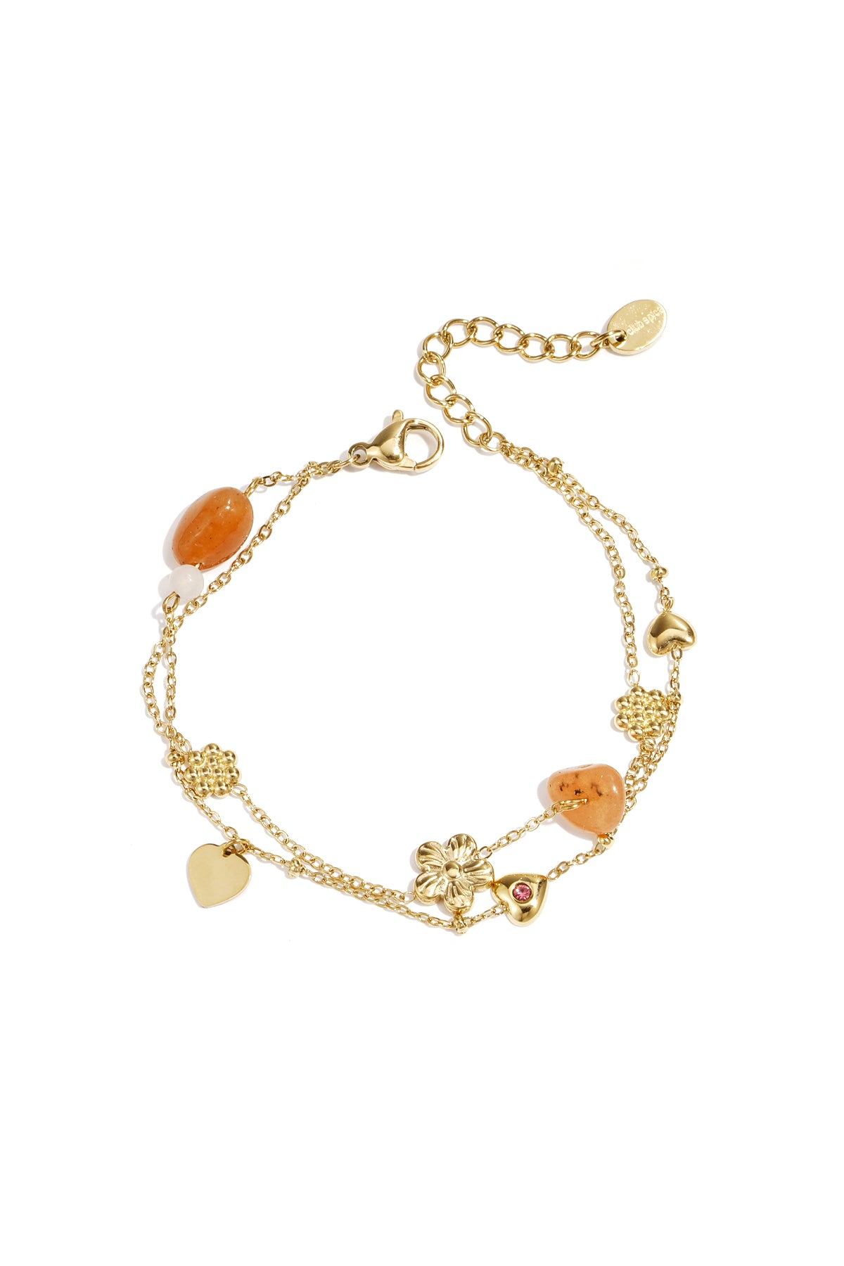 Charm bracelet with orange beads, flowers and hearts