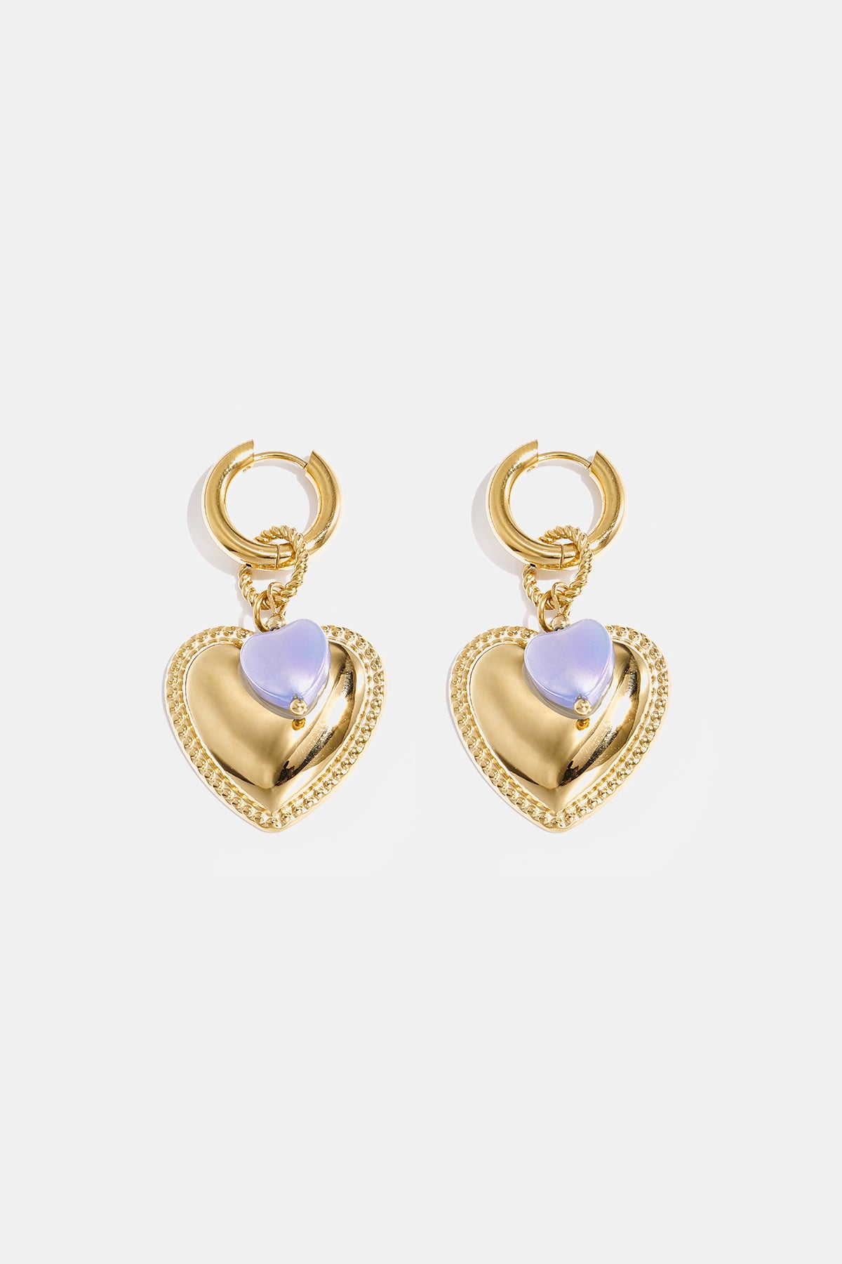 Hoop earrings with heart pendant and bead on ring