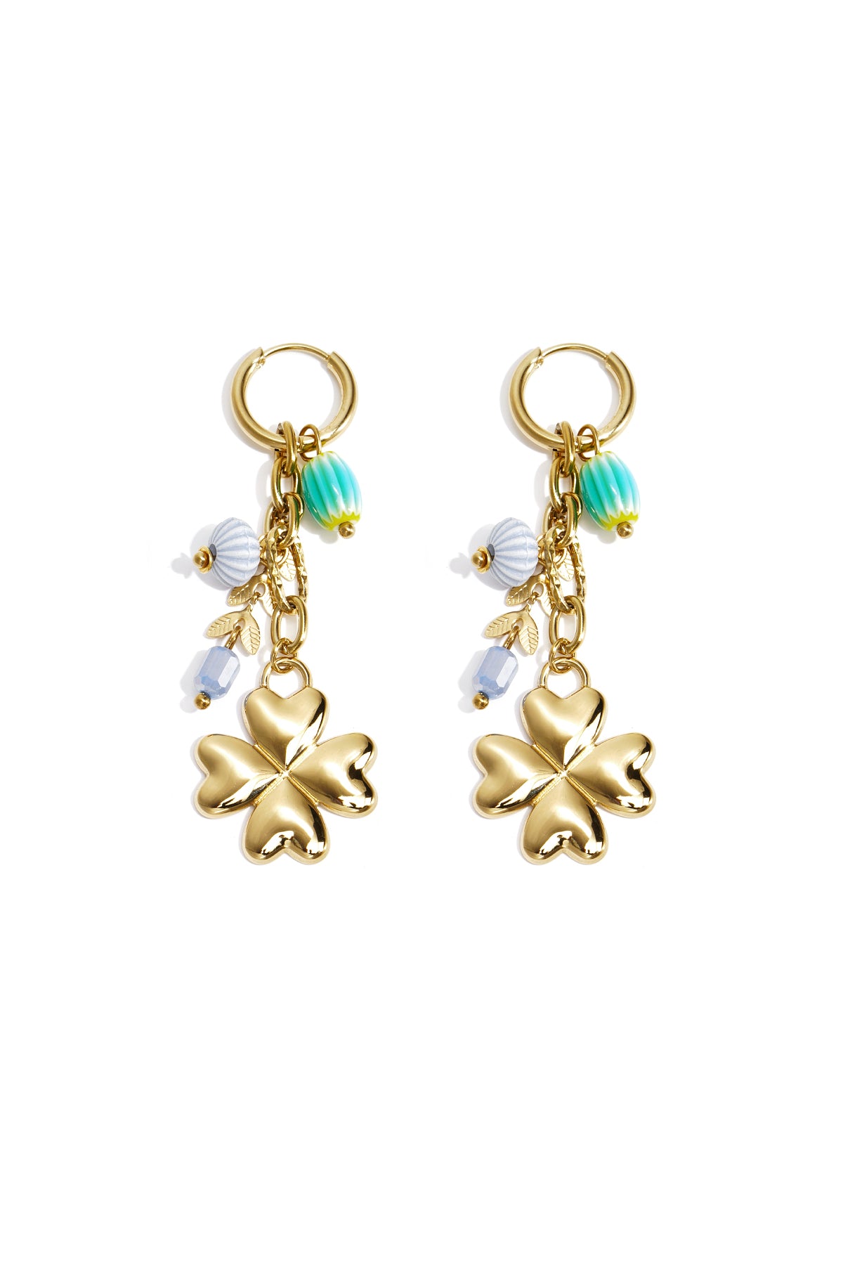 Small hoop earrings with hanging clover, beads and leaves