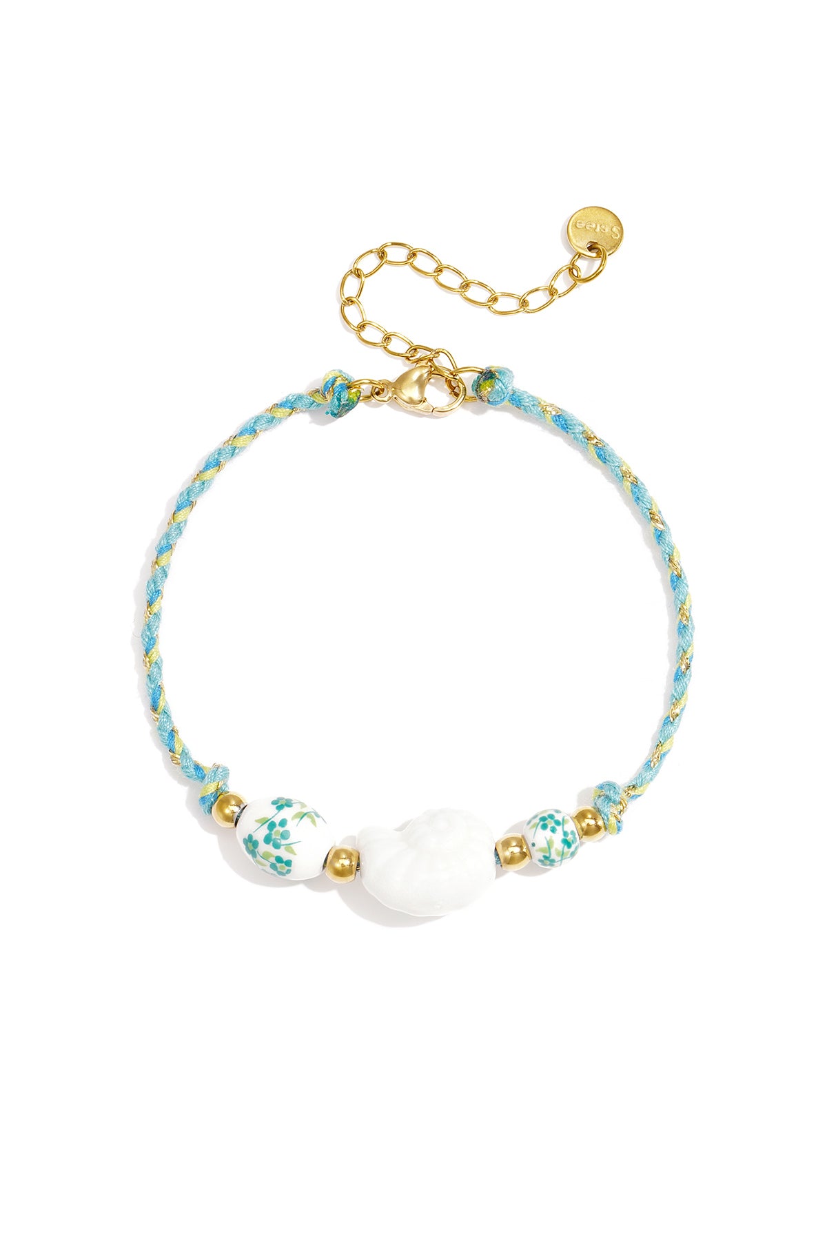 Rope bracelet with shell and floral design beads
