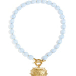 Bead necklace with front closure charm