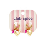 Small hoop earrings with dangling pearls, beads, and a heart