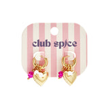 Small hoop earrings with dangling pearls, beads, and a heart