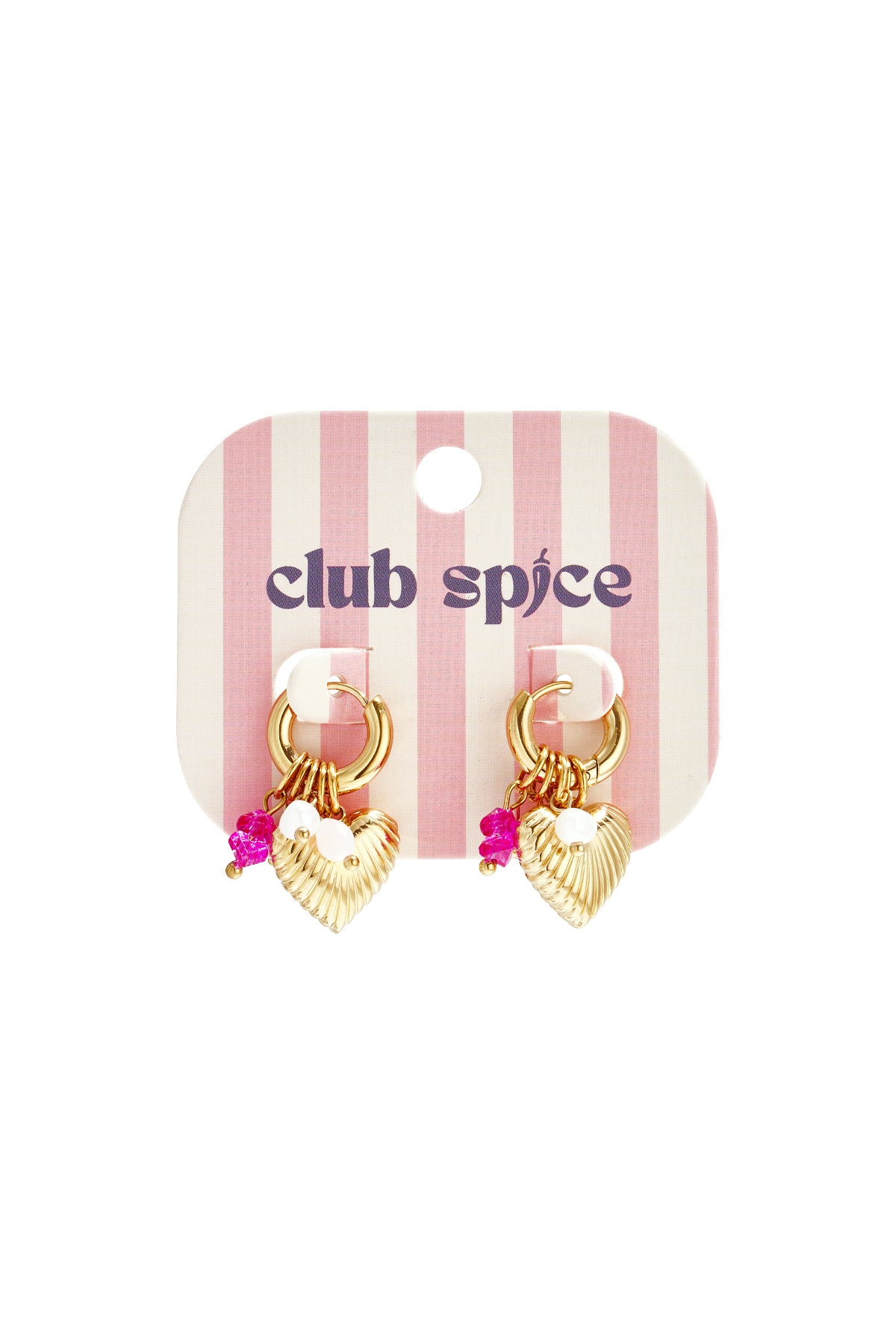 Small hoop earrings with dangling pearls, beads, and a heart