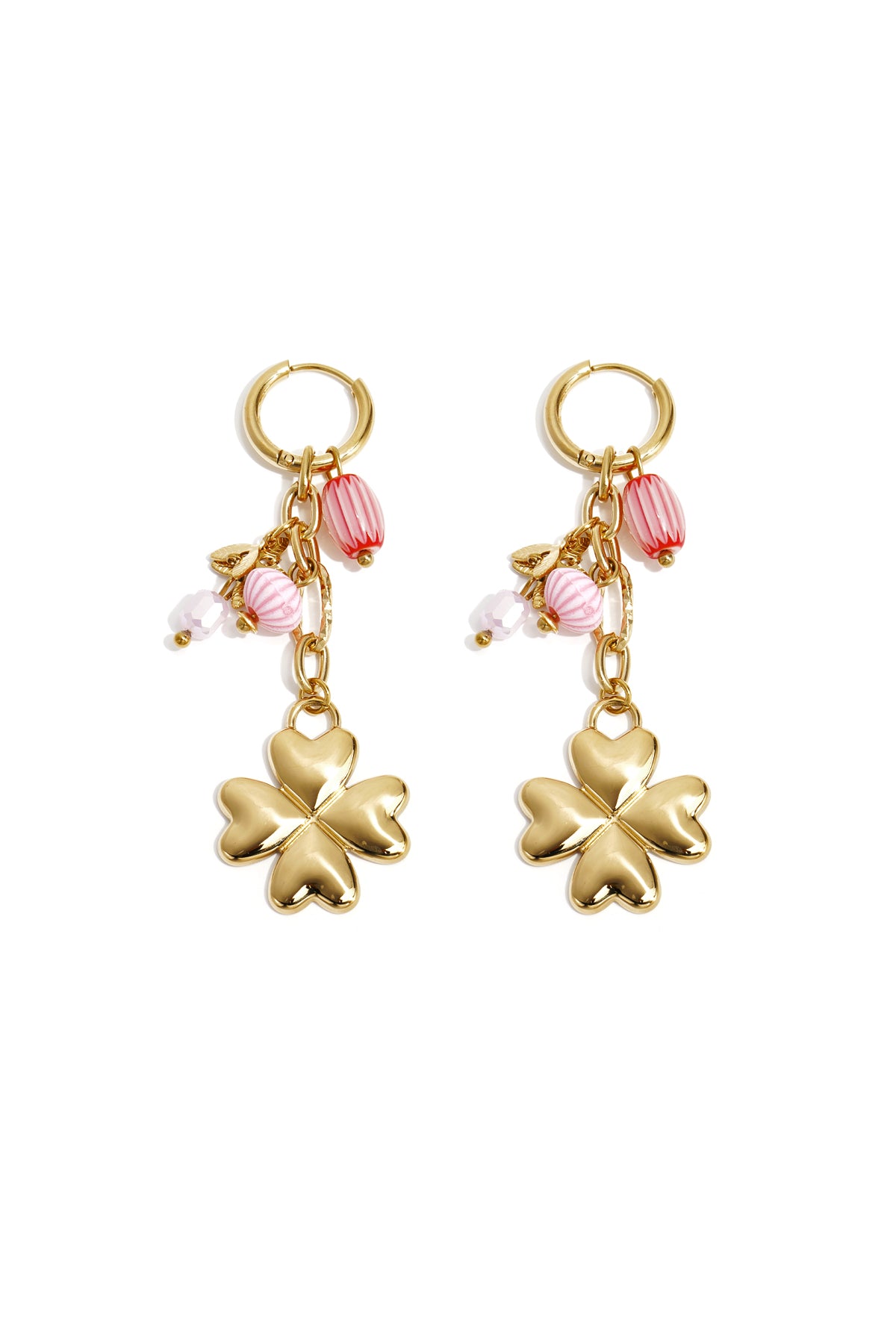 Small hoop earrings with hanging clover, beads and leaves