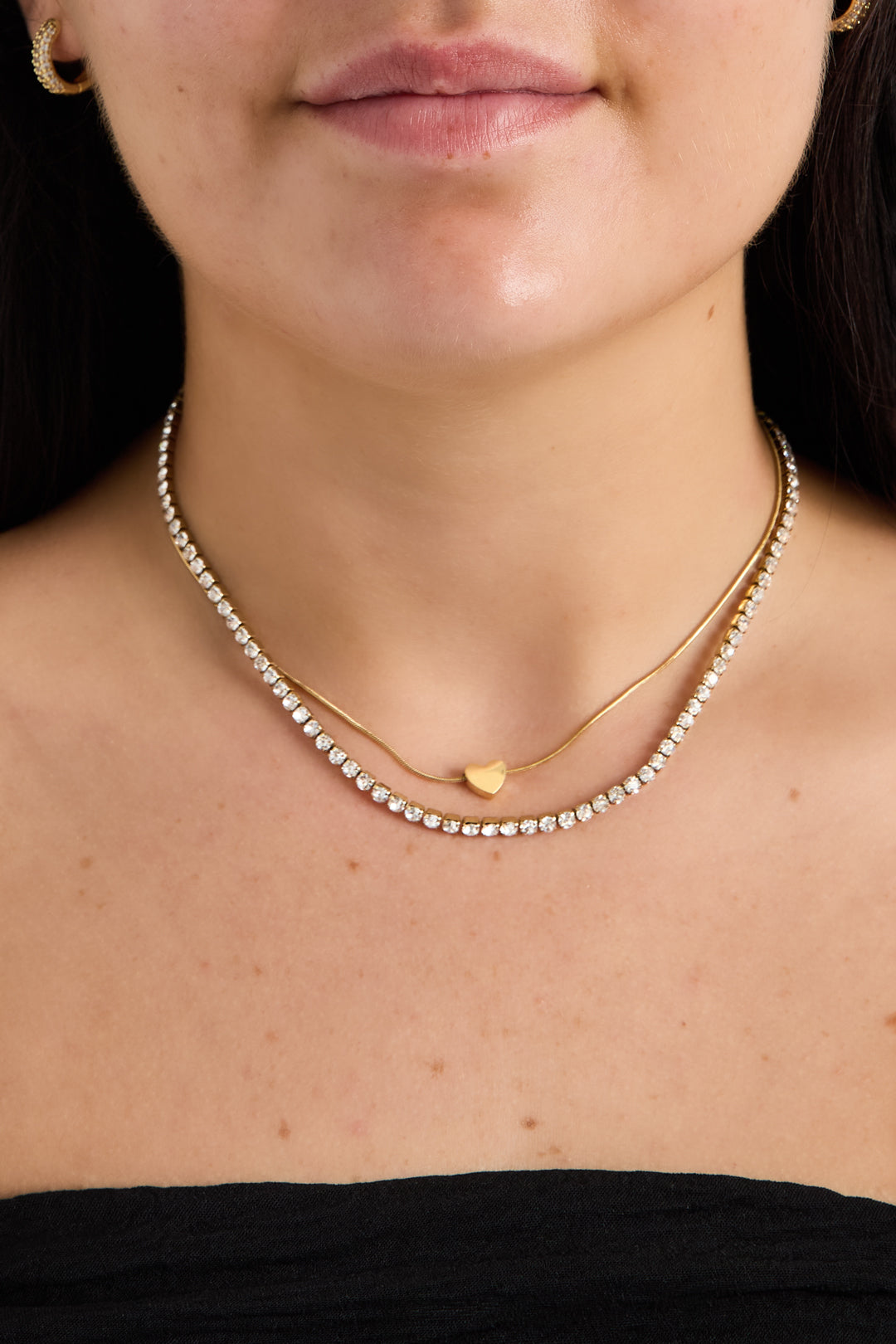 Double chain with minimalist heart and cubic zirconia
