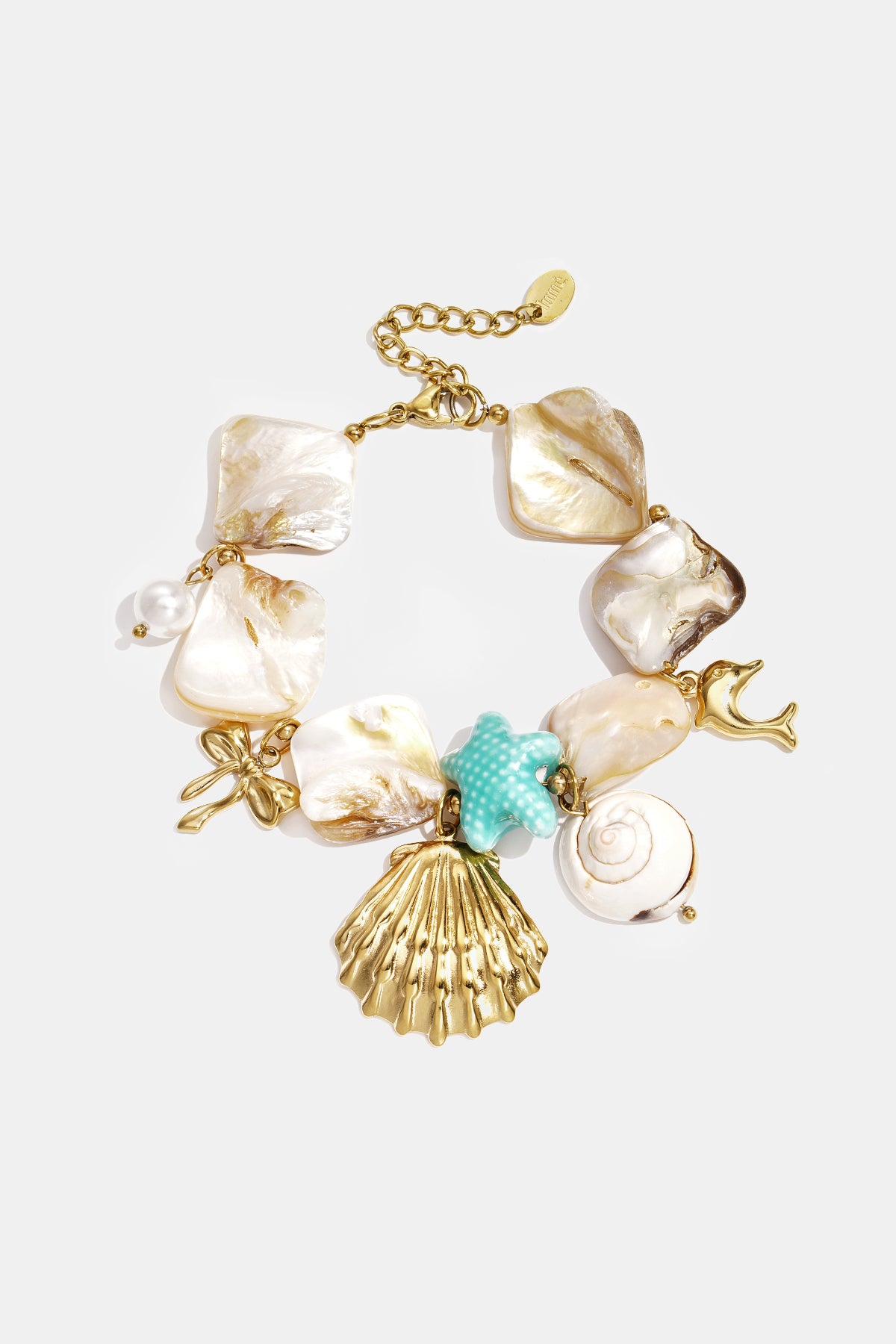 Bracelet with shells, sea charms, gold and blue beads