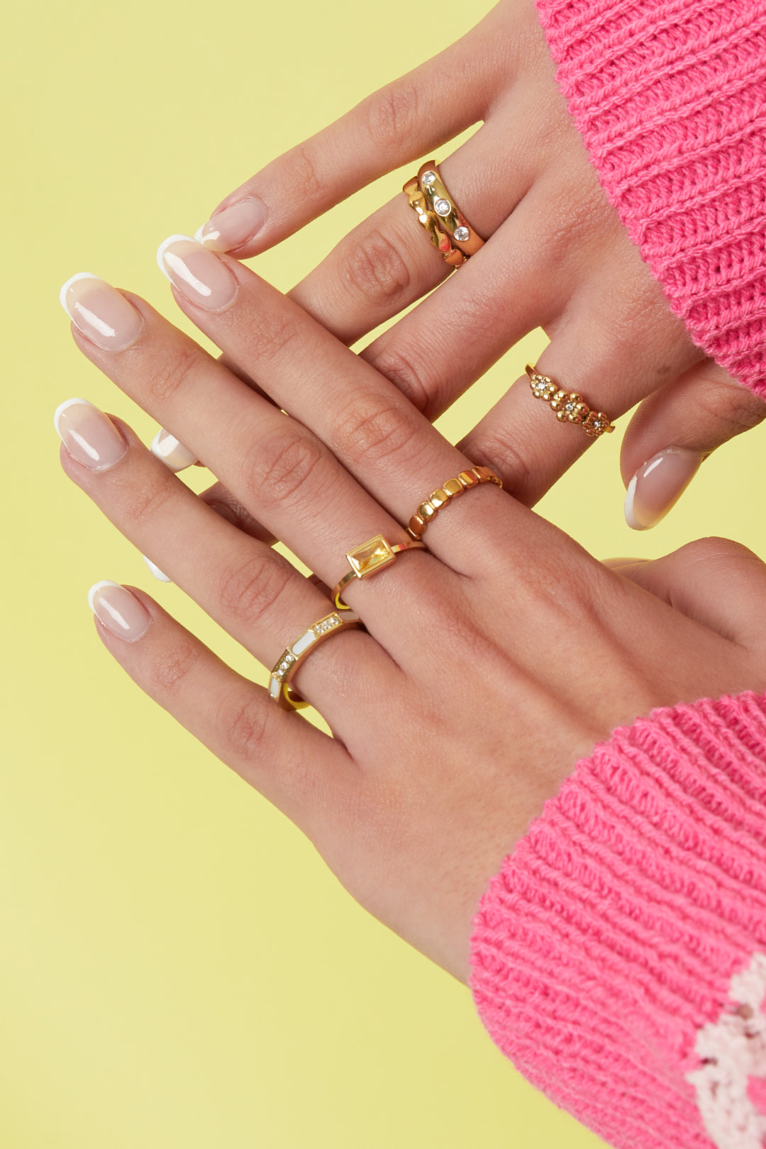 Angular ring with stones and mother-of-pearl detail