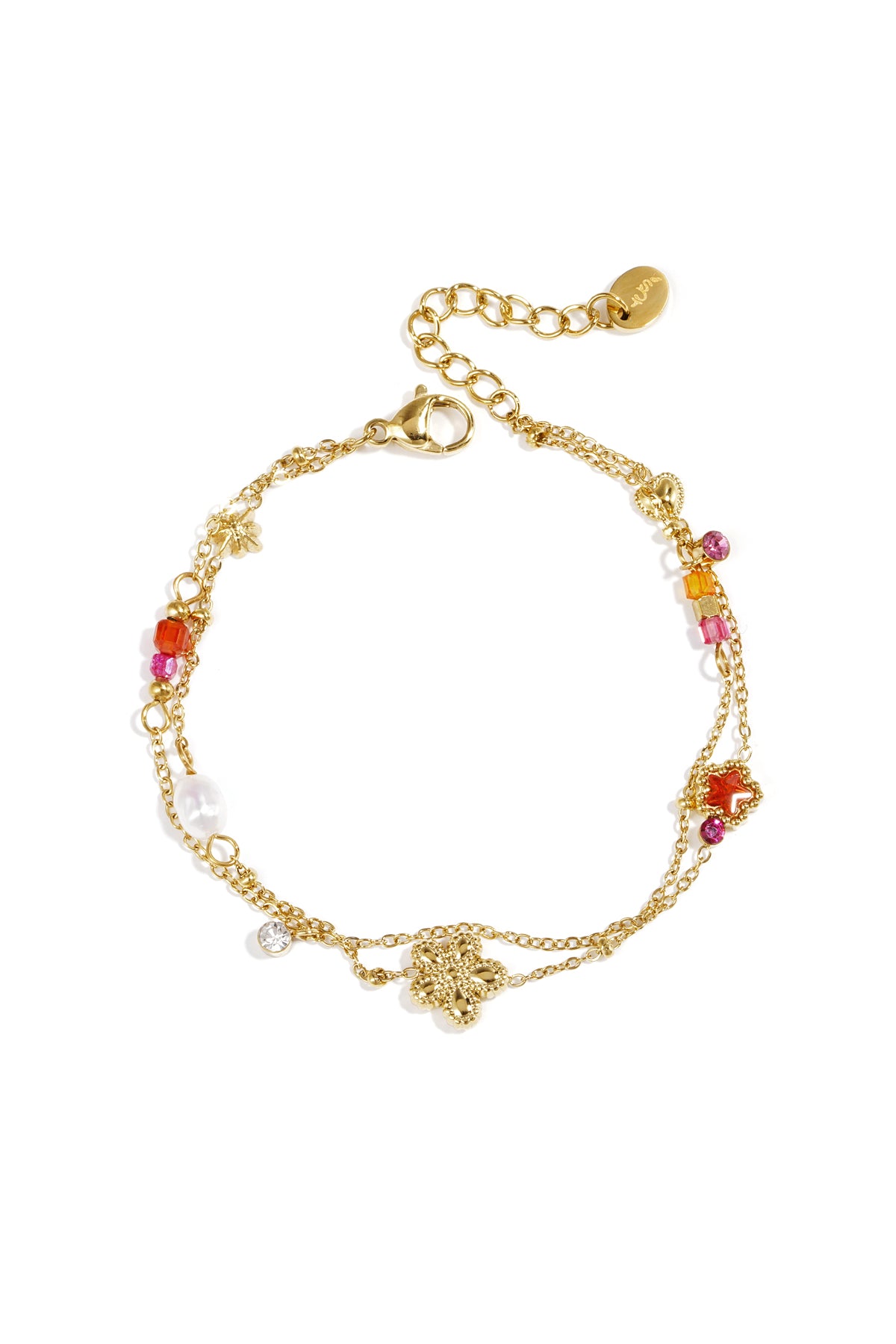 Charm bracelet with star and flower charms, pearls, stones and beads