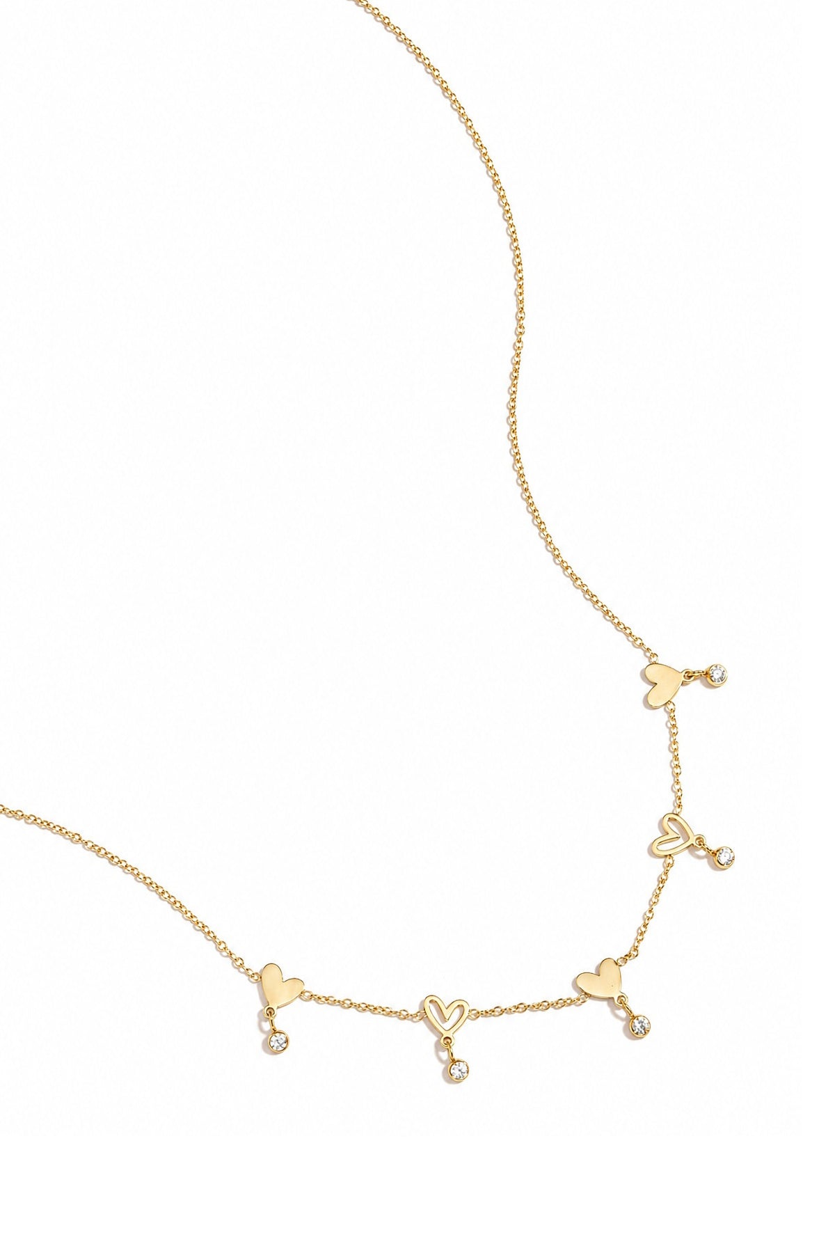 Necklace with alternating hearts and dangling stones