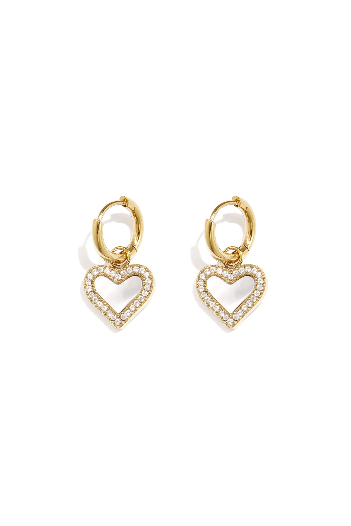 Earrings with dangling mother-of-pearl hearts