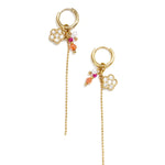 Earrings with beads, pearl, chain and flower pendant