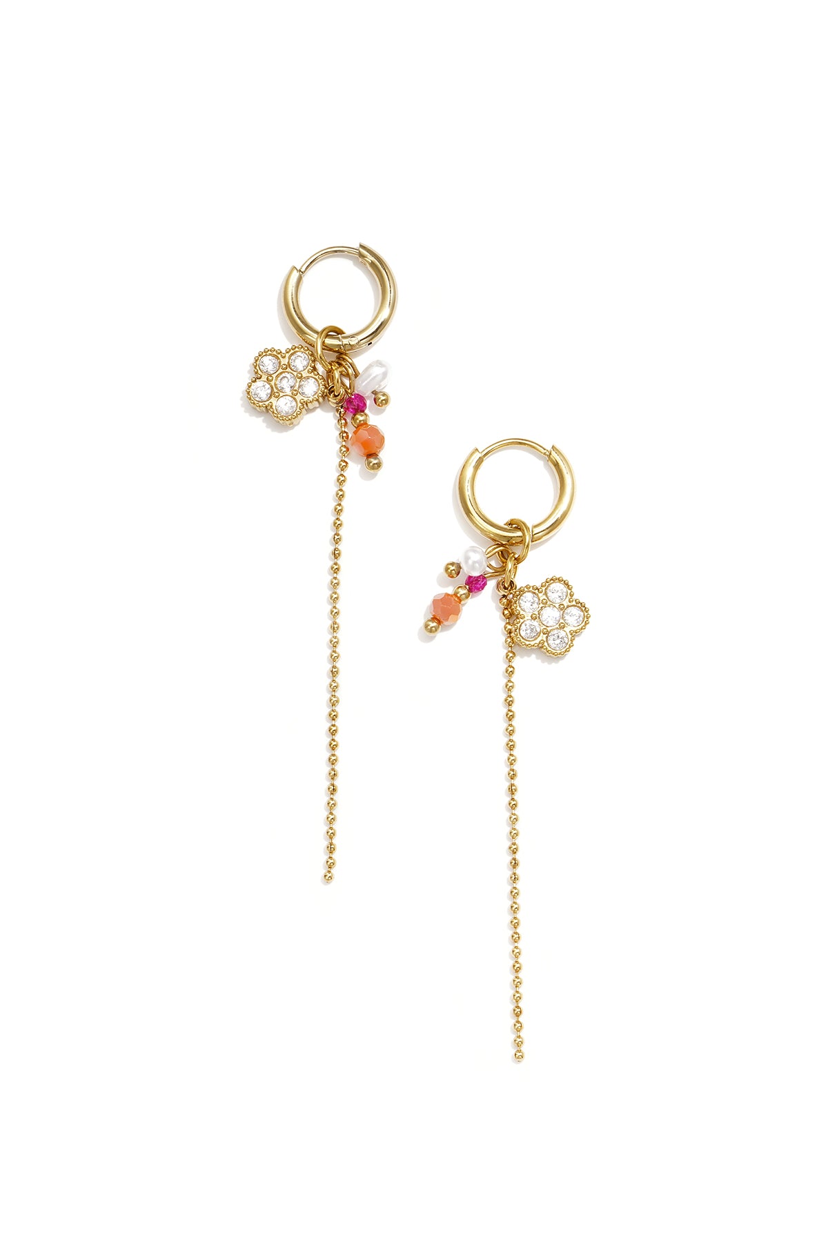Earrings with beads, pearl, chain and flower pendant