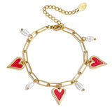 Link bracelet with pearls and heart charms