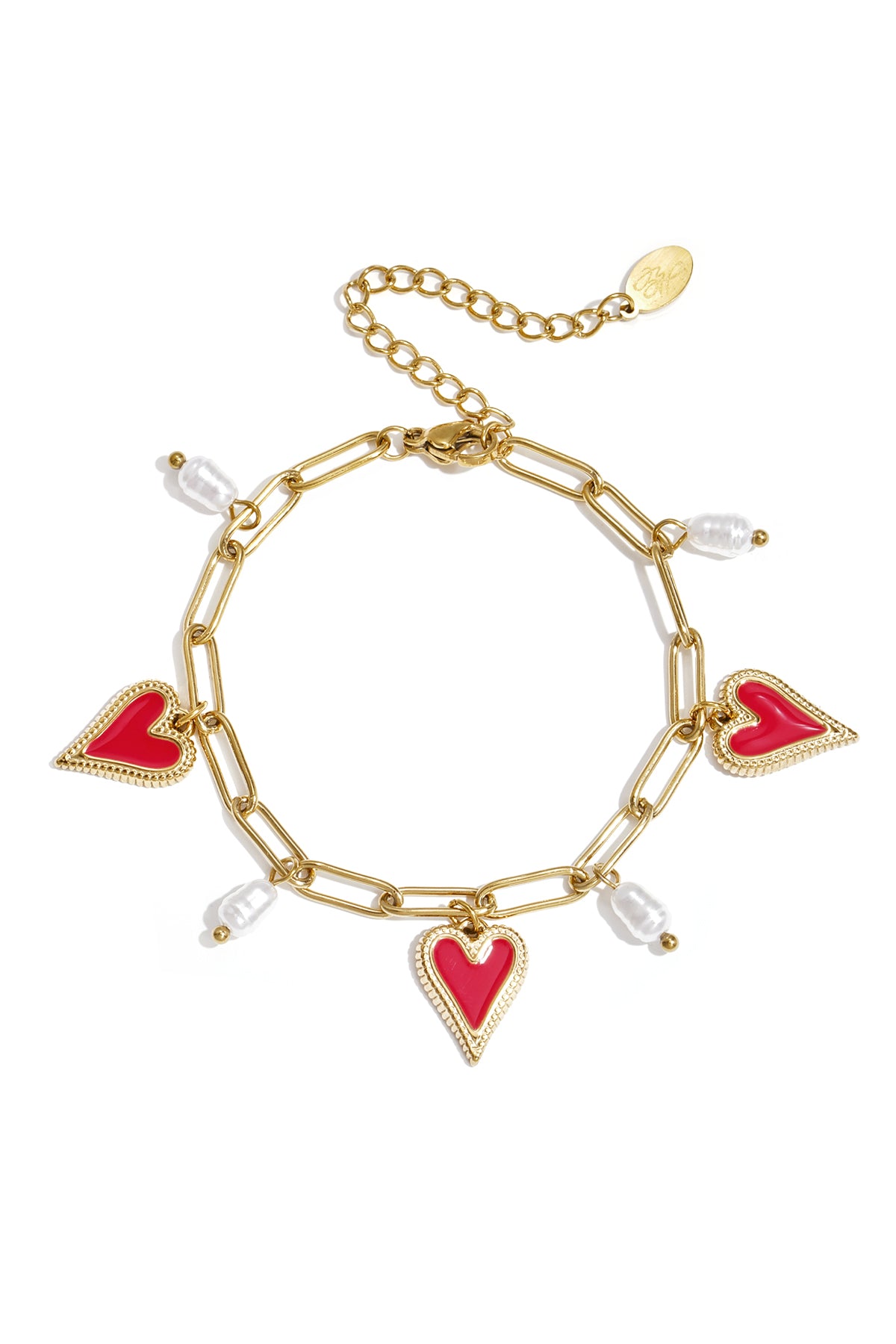 Link bracelet with pearls and heart charms