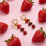 Heart earrings with pearl pendant, white stones and feather